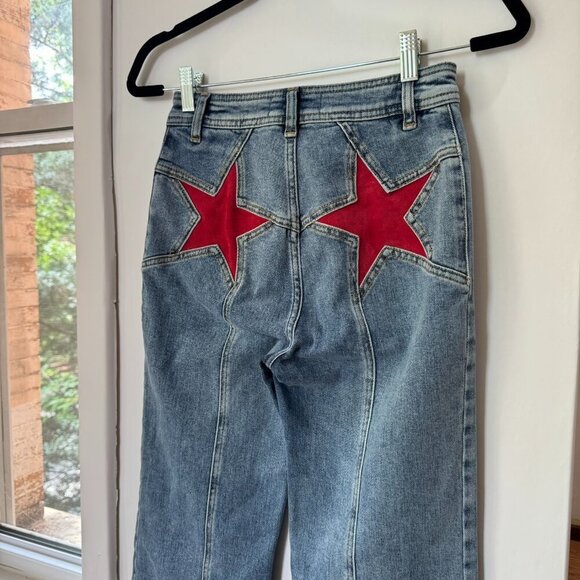 Free People Firecracker Flare Jeans Blue Red Suede Stars  26 - Picture 3 of 10